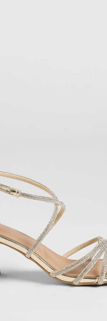 The A-List Glam Rhinestone Strappy Block Heels in gold brings sleek style to any graduation outfit, from cap and gown to after-party.