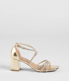 The A-List Glam Rhinestone Strappy Block Heels in gold brings sleek style to any graduation outfit, from cap and gown to after-party.