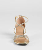 The A-List Glam Rhinestone Strappy Block Heels in gold brings sleek style to any graduation outfit, from cap and gown to after-party.