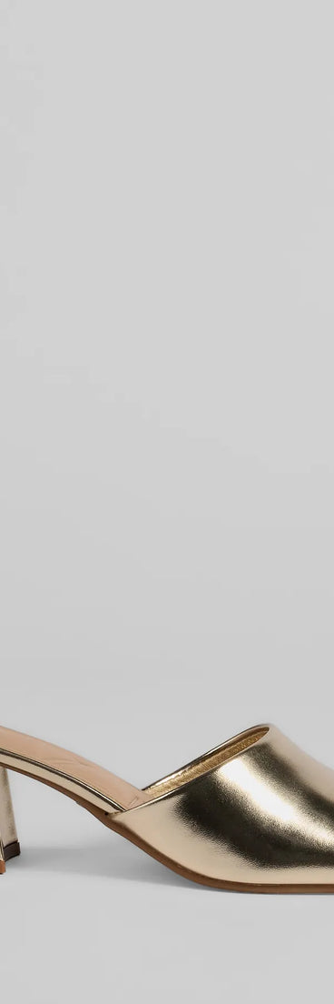 Elevate warm-weather looks with Chic Upgrade Basic Block Heel Mules in gold, a pair of trendy sandals bringing chic, modern flair to every step.