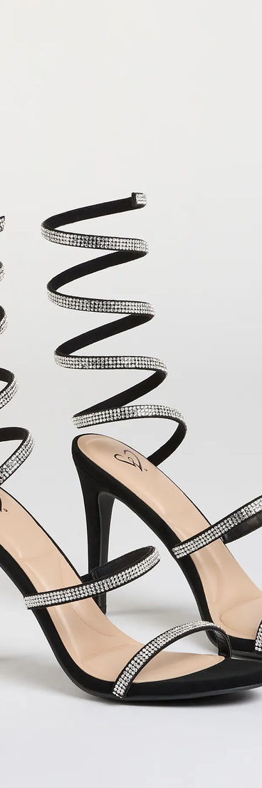 Step into style with the Girly Vibes Rhinestone Spiral Heels, black heels made to complete your Windsor look with comfort and glam in mind.