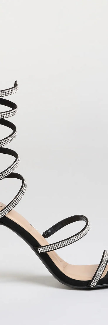 Turn heads in the Girly Vibes Rhinestone Spiral Heels, black heels showcasing a fresh trend or stylish detail made to elevate your full Windsor fit.