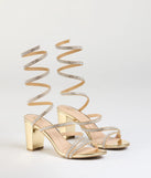 Step into style with the Elevated Status Rhinestone Spiral Block Heels, gold heels made to complete your Windsor look with comfort and glam in mind.