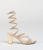 Elevate warm-weather looks with Elevated Status Rhinestone Spiral Block Heels in gold, a pair of trendy sandals bringing chic, modern flair to every step.