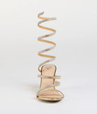 Turn heads in the Elevated Status Rhinestone Spiral Block Heels, gold heels showcasing a fresh trend or stylish detail made to elevate your full Windsor fit.