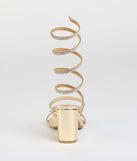 The Elevated Status Rhinestone Spiral Block Heels in gold brings sleek style to any graduation outfit, from cap and gown to after-party.