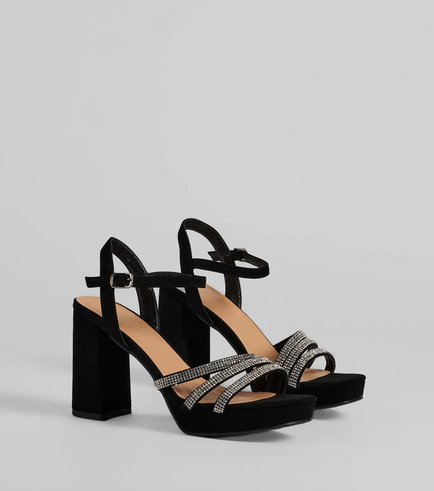 Step into style with the Stepping Out Rhinestone Strappy Platform Block Heels, black heels made to complete your Windsor look with comfort and glam in mind.