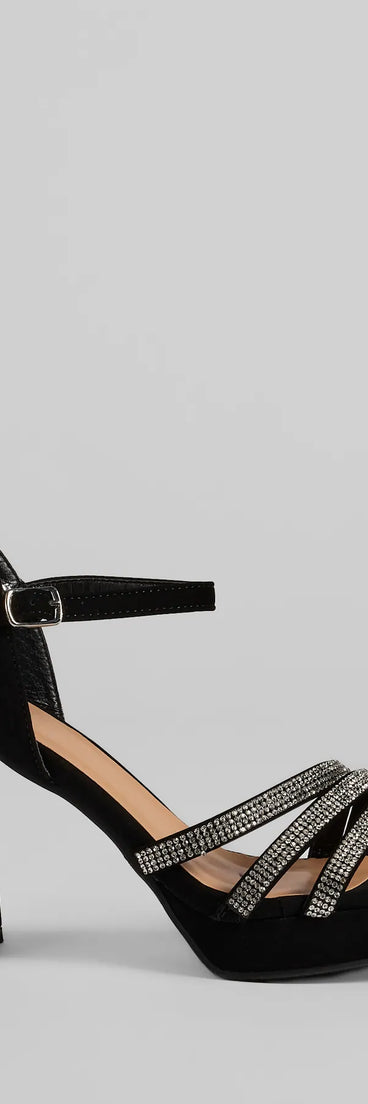 Turn heads in the Stepping Out Rhinestone Strappy Platform Block Heels, black heels showcasing a fresh trend or stylish detail made to elevate your full Windsor fit.