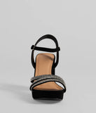 Turn heads in the Stepping Out Rhinestone Strappy Platform Block Heels, black heels showcasing a fresh trend or stylish detail made to elevate your full Windsor fit.