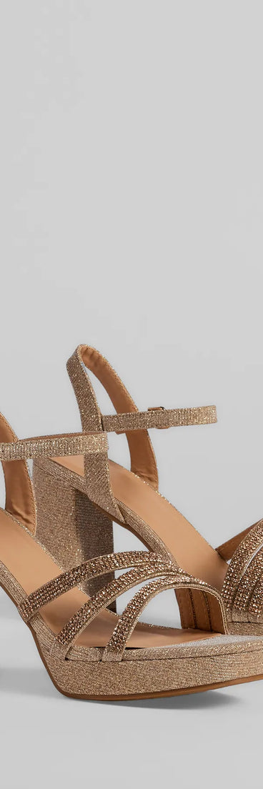 Step into style with the Stepping Out Rhinestone Strappy Platform Block Heels, gold heels made to complete your Windsor look with comfort and glam in mind.