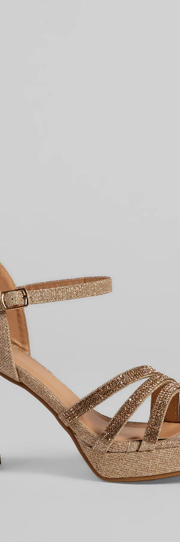 Turn heads in the Stepping Out Rhinestone Strappy Platform Block Heels, gold heels showcasing a fresh trend or stylish detail made to elevate your full Windsor fit.
