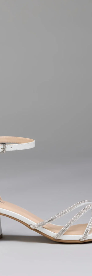 Elevate warm-weather looks with Ultra Luxe Rhinestone Short Block Heels in pearl, a pair of trendy sandals bringing chic, modern flair to every step.
