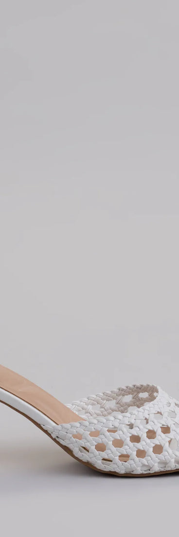 Elevate warm-weather looks with All Kinds Of Sweet Woven Stiletto Mules in white, a pair of trendy sandals bringing chic, modern flair to every step.