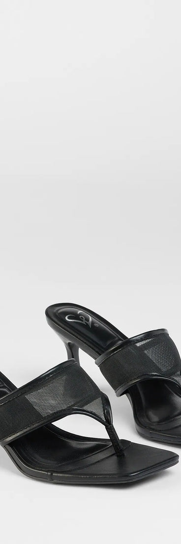 Step into style with the Sheer Twist Mesh Thong Stiletto Mules, black heels made to complete your Windsor look with comfort and glam in mind.