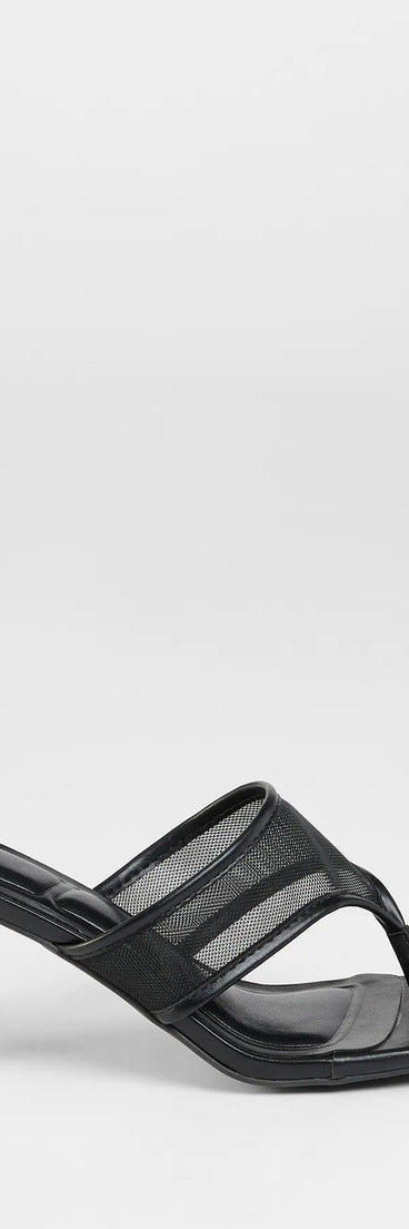 Elevate warm-weather looks with Sheer Twist Mesh Thong Stiletto Mules in black, a pair of trendy sandals bringing chic, modern flair to every step.