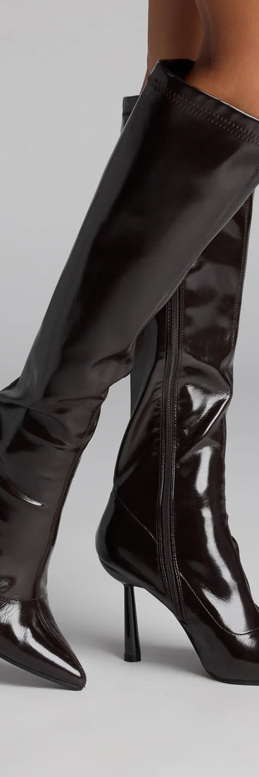 This brown piece brings trend-right energy to the Major Strut Faux Leather Knee-High Stiletto Boots, perfect for fall outfits that stand out.