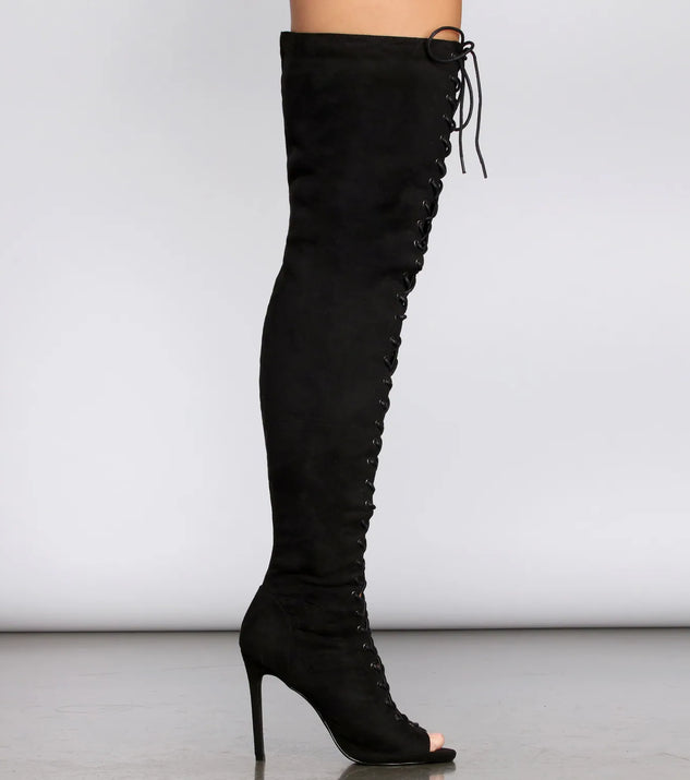 Peep Toe Lace Up Thigh High Stiletto Boots Windsor