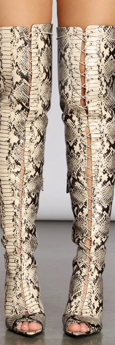 Doin' Damage Thigh High Snake Stiletto Boots