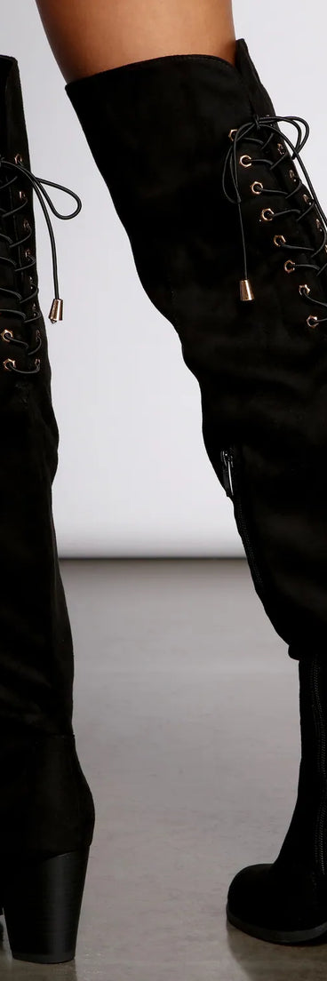 Faux Suede Lace-Up Stacked Heel Boots