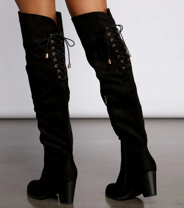 Faux Suede Lace-Up Stacked Heel Boots