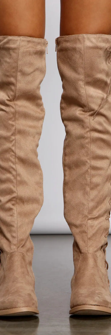 Lace-Up Faux Suede Over The Knee Boots