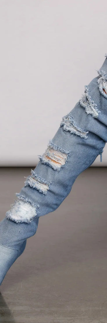 Destructed Denim Over The Knee Heeled Boots
