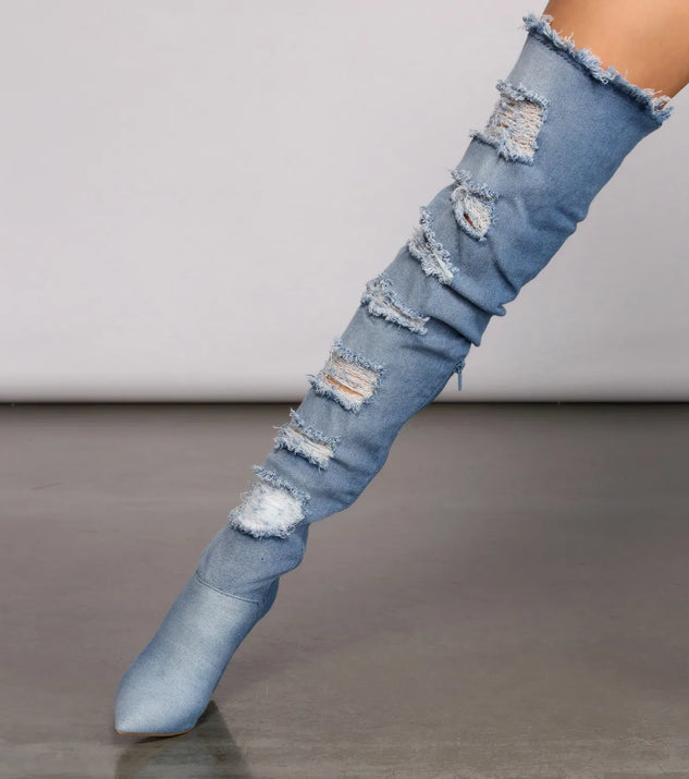 Destructed Denim Over The Knee Heeled Boots