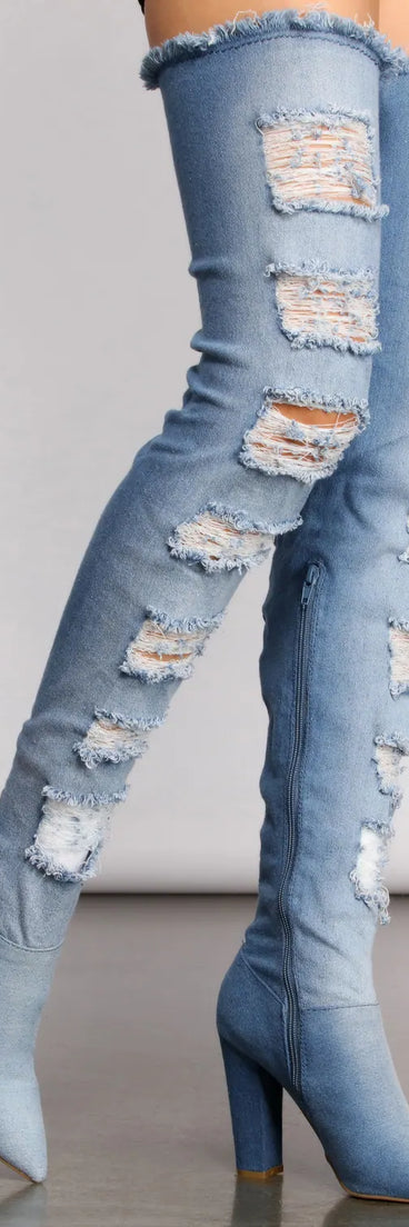 Destructed Denim Over The Knee Heeled Boots