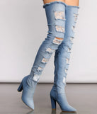 Destructed Denim Over The Knee Heeled Boots