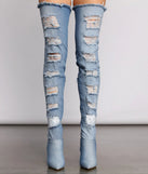 Destructed Denim Over The Knee Heeled Boots