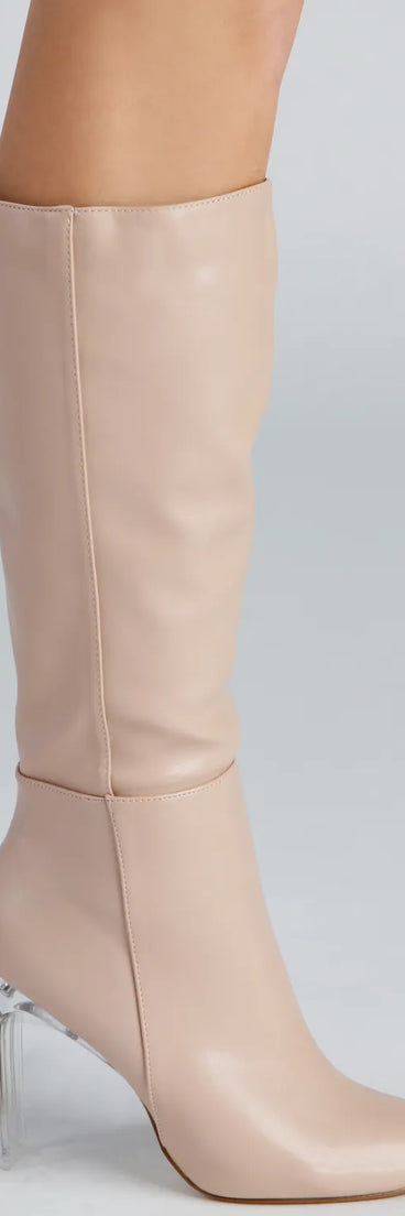 Clearly Chic Lucite Heel Boots, a trendy nude addition to women's going-out outfits, is ideal for Christmas party outfits, chic NYE attire, or winter night-out looks that keep you on-trend!