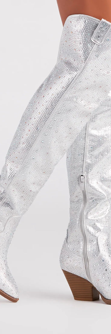 Fearlessly-Chic Rhinestone Thigh-High Cowboy Boots
