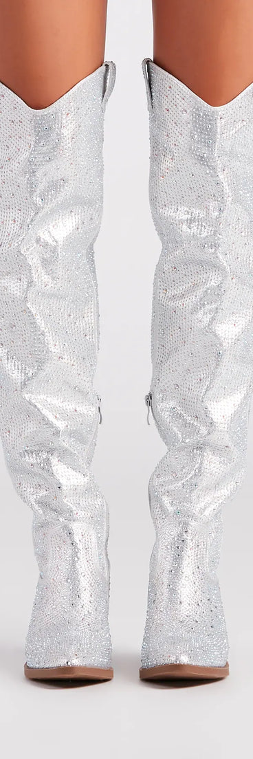 Fearlessly-Chic Rhinestone Thigh-High Cowboy Boots