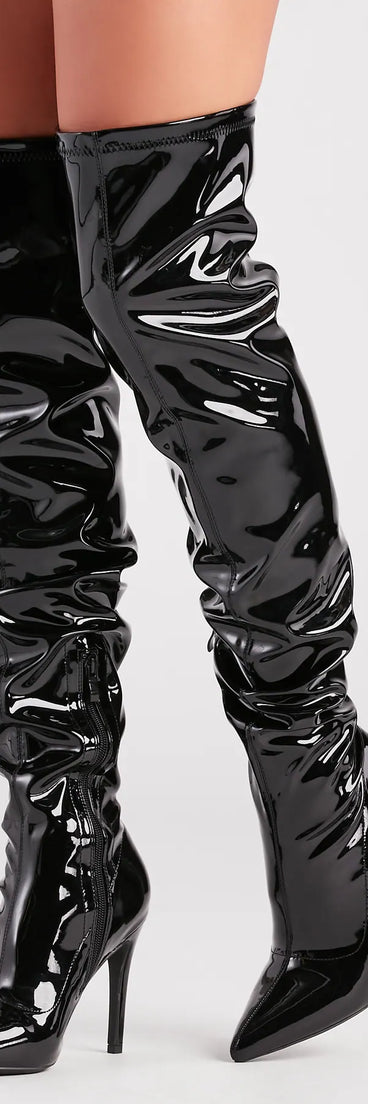 High Standards Patent Thigh-High Stiletto Boots