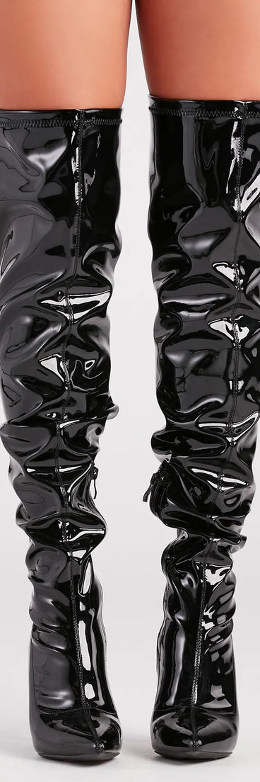 High Standards Patent Thigh-High Stiletto Boots