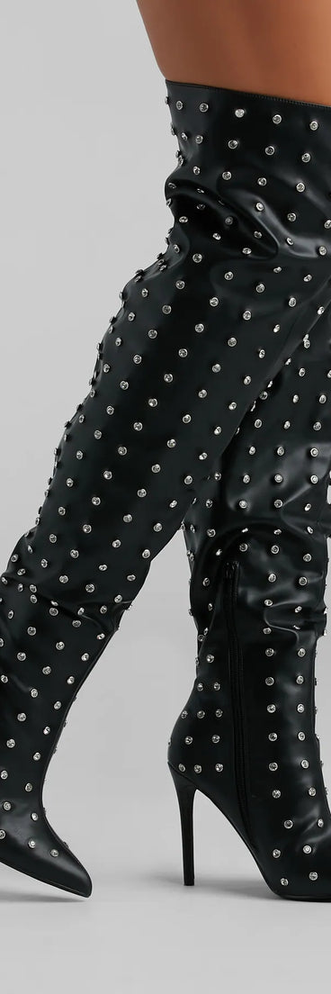 Glam Allure Rhinestone Faux Leather Over-The-Knee Boots