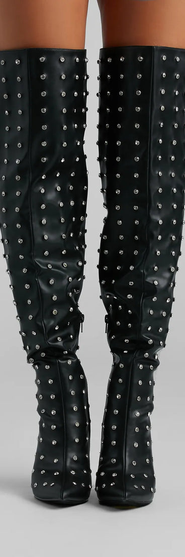 Glam Allure Rhinestone Faux Leather Over-The-Knee Boots
