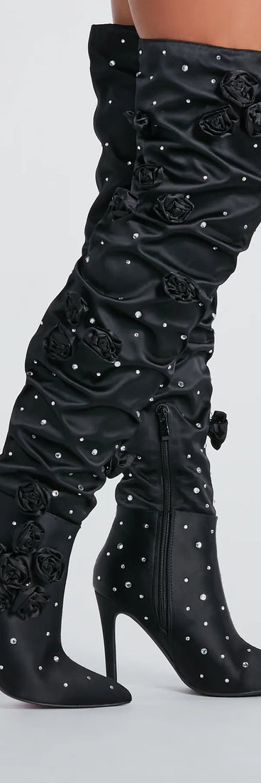 Dramatic Blooms Rosette Rhinestone Thigh-High Boots