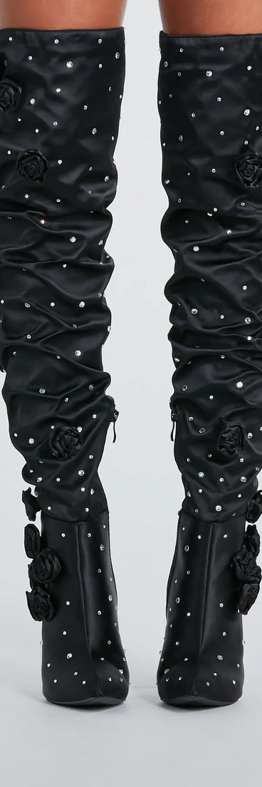 Dramatic Blooms Rosette Rhinestone Thigh-High Boots