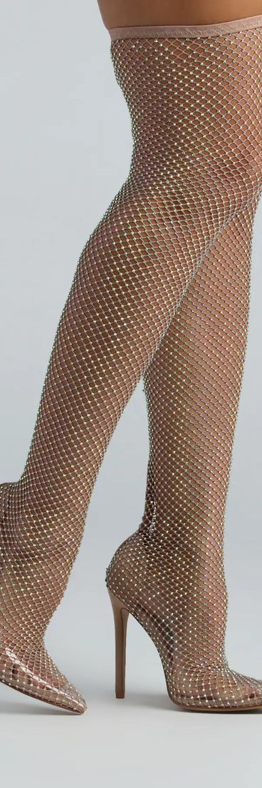 New Heights Fishnet Rhinestone Over-The-Knee Boots