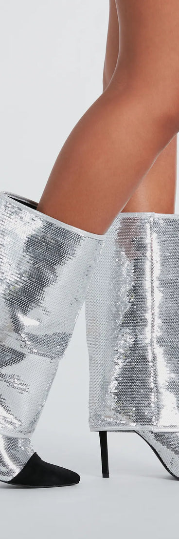 Girl's Night Sequin Fold-Over Stiletto Boots