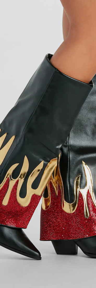 Too Hot To Handle Rhinestone Flame Fold-Over Boots