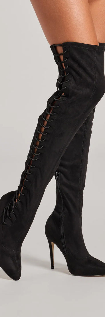 Always On Point Lace-Up Thigh High Stiletto Boots, a trendy black addition to women's going-out outfits, is ideal for Christmas party outfits, chic NYE attire, or winter night-out looks that keep you on-trend!