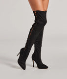 Always On Point Lace-Up Thigh High Stiletto Boots, a trendy black addition to women's going-out outfits, is ideal for Christmas party outfits, chic NYE attire, or winter night-out looks that keep you on-trend!