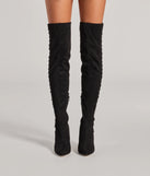 Always On Point Lace-Up Thigh High Stiletto Boots, a trendy black addition to women's going-out outfits, is ideal for Christmas party outfits, chic NYE attire, or winter night-out looks that keep you on-trend!