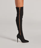 Always On Point Lace-Up Thigh High Stiletto Boots, a trendy black addition to women's going-out outfits, is ideal for Christmas party outfits, chic NYE attire, or winter night-out looks that keep you on-trend!