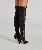 Always On Point Lace-Up Thigh High Stiletto Boots, a trendy black addition to women's going-out outfits, is ideal for Christmas party outfits, chic NYE attire, or winter night-out looks that keep you on-trend!
