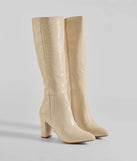 The Must-Have Under The Knee Croc Faux Leather Boots are women's ivory shoes for work, featuring a sleek silhouette and cushioned sole for all-day comfort, and are a trendy choice for professional or business casual outfits.