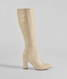 The Must-Have Under The Knee Croc Faux Leather Boots are women's ivory shoes for work, featuring a sleek silhouette and cushioned sole for all-day comfort, and are a trendy choice for professional or business casual outfits.