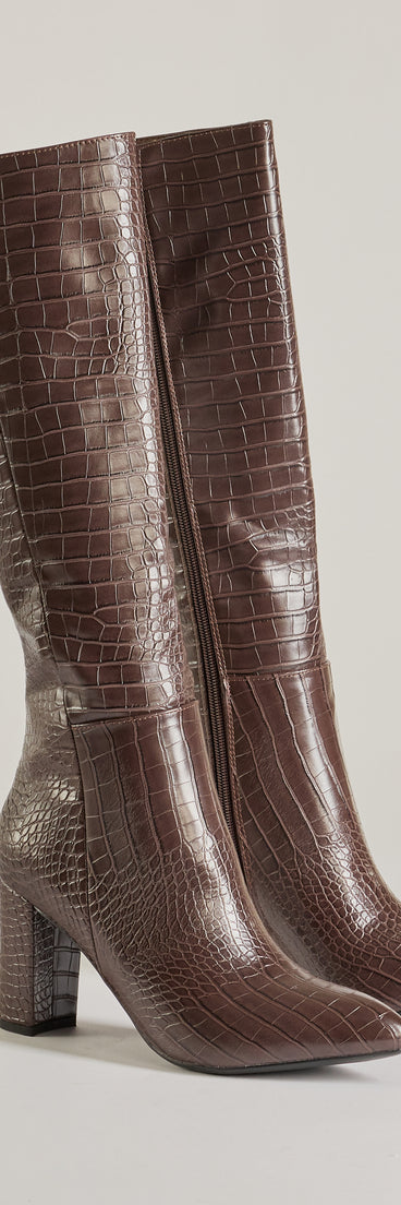 Chic Moment Faux Leather Croc-Embossed Under the Knee Boots